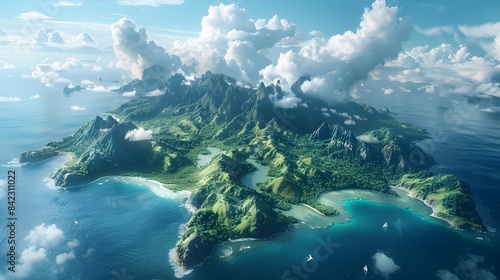 A group of islands in the middle of the sea, with lush green mountains and blue water, surrounded by white clouds. © horizon