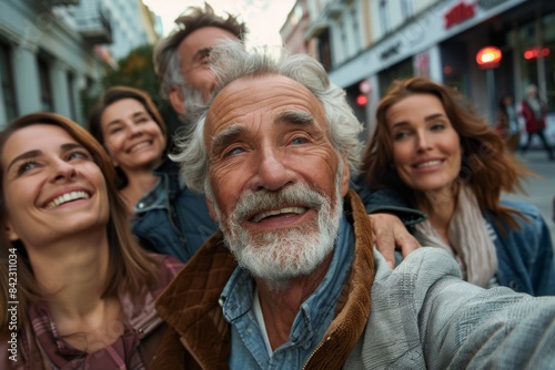 Happy senior man taking selfie with his friends on city street. Group of friends having fun together.