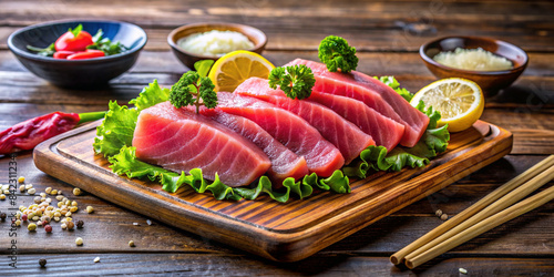 Tuna fish freshly prepared. Japanese food, pieces of tuna, in a wooden background. Fish slices. Front view with Copy Space.