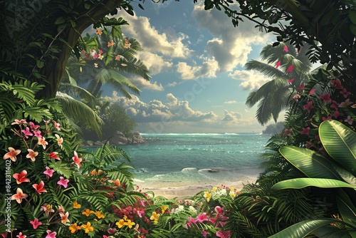 photograph of a tropical rainforest with flowers and palm leaves in the beach, highly detailed in the style of nature