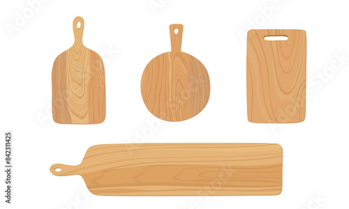 Set of wooden cutting board. Round, rectangle, long shape. Hand drawn vector illustration.