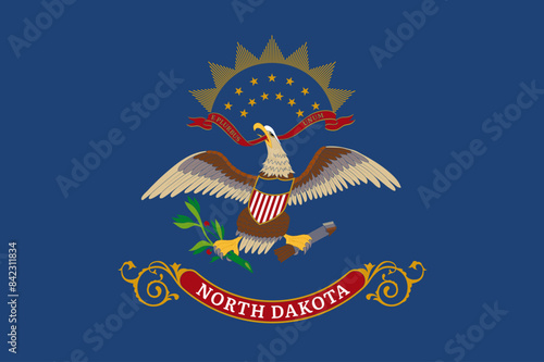 Flag of North Dakota official symbol of USA federal state. Full frame federal flag of North Dakota with state coat of arms on blue field vector illustration