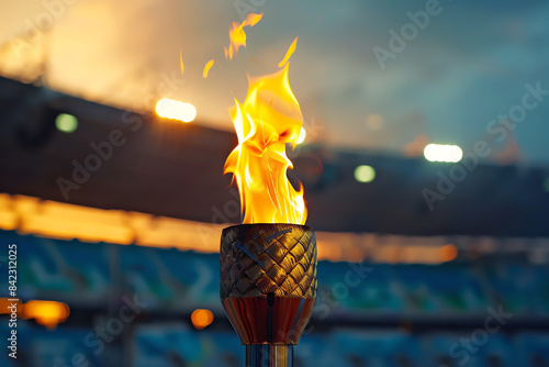 Olympic torch being lit to start the games, flame glowing brightly in the stadium copy space, tradition theme, surreal, overlay, torch backdrop photo