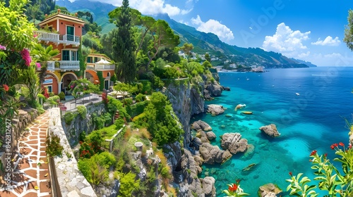 A panoramic view of the Amalfi Coast, showcasing colorful buildings and lush greenery along its cliffs overlooking blue waters in Italy.