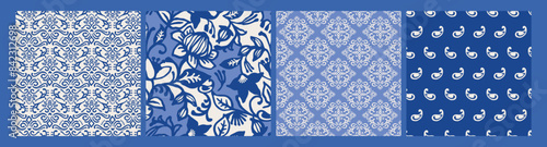 Ethnic blue seamless patterns with plant motifs. Modern abstract design for paper, cover, fabric, interior decor and other