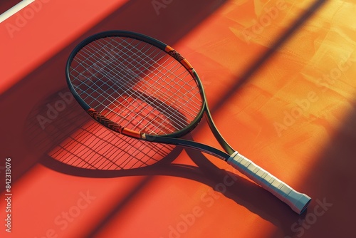 A tennis racket is on a net with a blue sky in the background