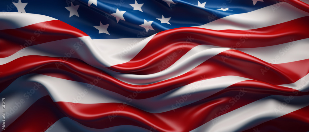 Close-up of waving American flag with stars and stripes, symbolizing patriotism, freedom, and national pride. Detailed fabric texture. Close-up of waving American flag with stars and stripes, symbolizing patriotism, freedom, and national pride. Detailed fabric texture.