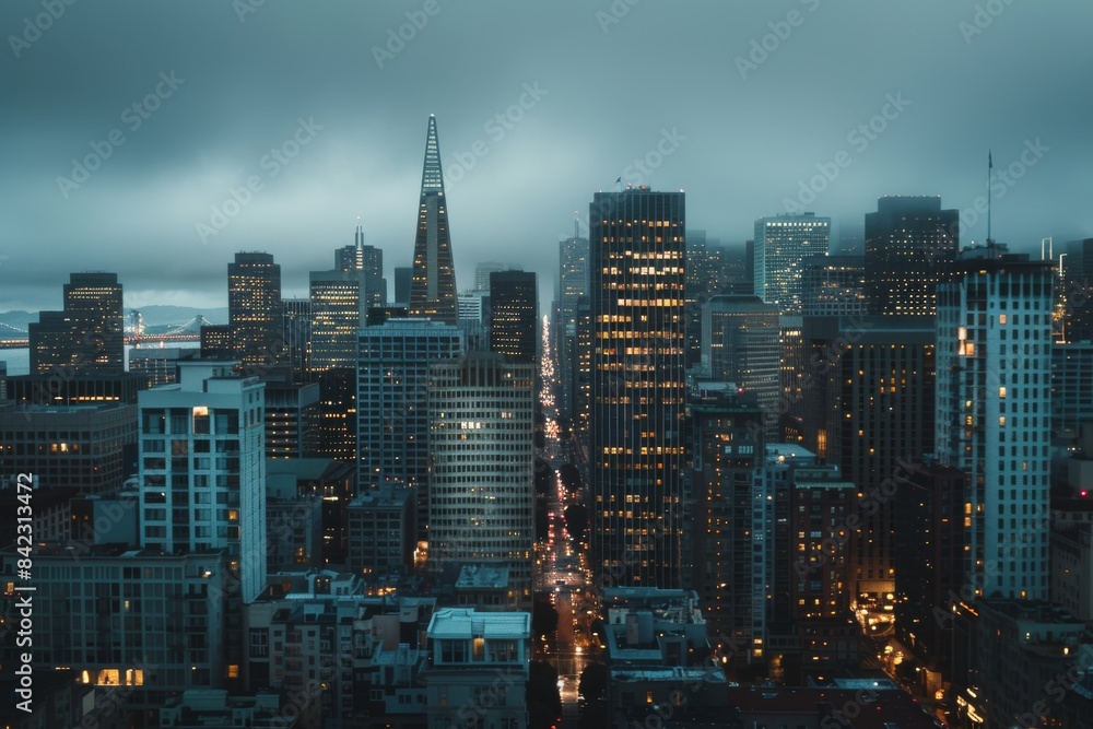 Obraz premium A cinematic photo of the San Francisco skyline at dusk, shot from an apartment window. An overcast sky with a low angle and dark tones, city lights on buildings.