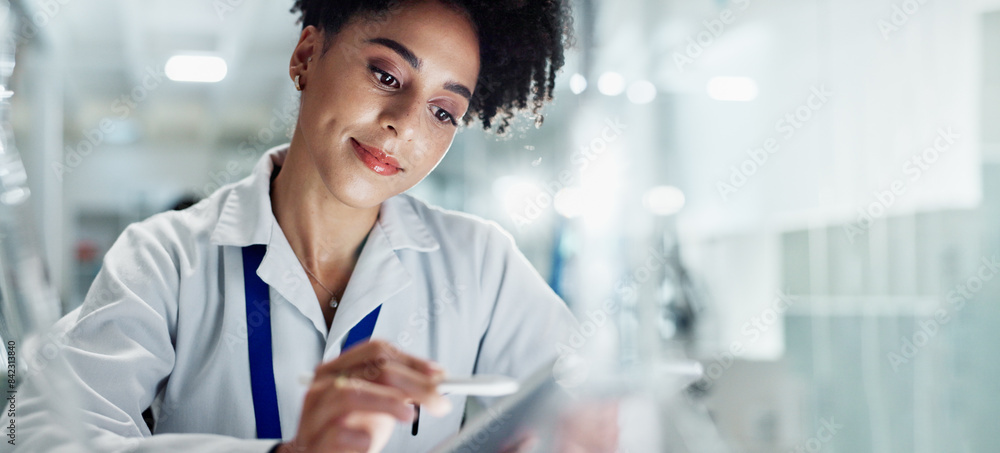 Woman, scientist and research with tablet for medical study, exam or new discovery at laboratory. Female person or biologist working with technology for online browsing on healthcare results at lab Woman, scientist and research with tablet for medical study, exam or new discovery at laboratory. Female person or biologist working with technology for online browsing on healthcare results at lab
