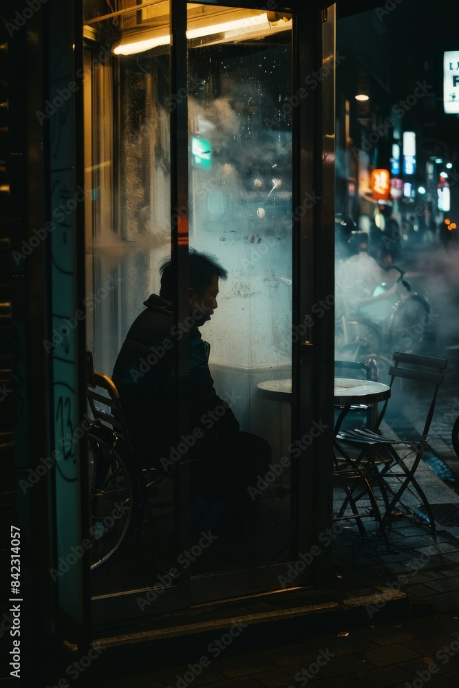 A man sitting in the dark at night, behind glass doors with chairs and bicycles outside, seen from an angle through frosted window, minimalism, dark atmosphere A man sitting in the dark at night, behind glass doors with chairs and bicycles outside, seen from an angle through frosted window, minimalism, dark atmosphere