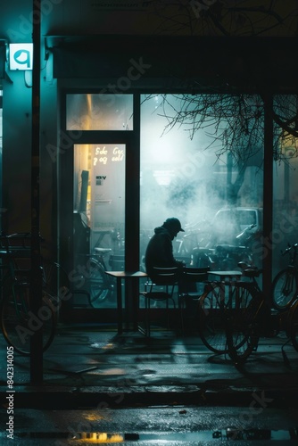 A man sitting in the dark at night, behind glass doors with chairs and bicycles outside, seen from an angle through frosted window, minimalism, dark atmosphere
