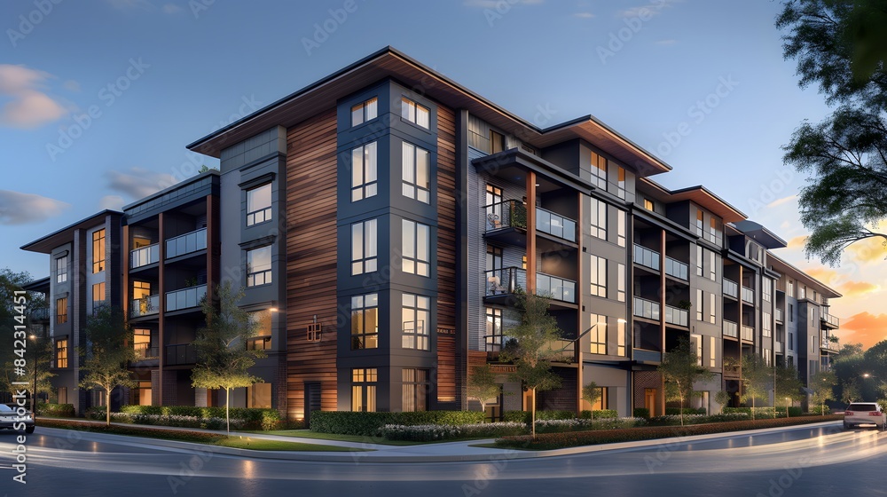 A rendering of an apartment building in the style of a comfortable and inviting style, with large balconies that have glass railings. A rendering of an apartment building in the style of a comfortable and inviting style, with large balconies that have glass railings.
