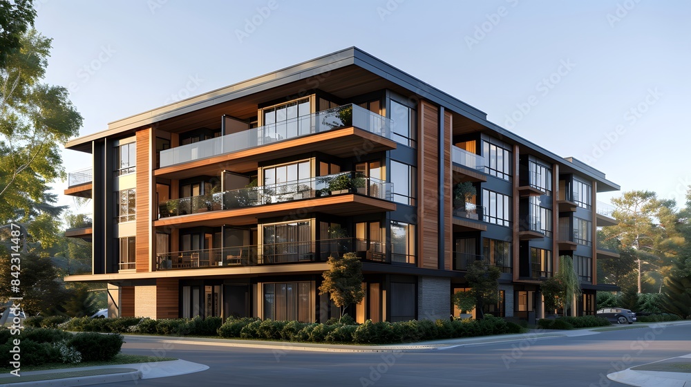 A rendering of an apartment building in the style of a comfortable and inviting style, with large balconies that have glass railings. A rendering of an apartment building in the style of a comfortable and inviting style, with large balconies that have glass railings.