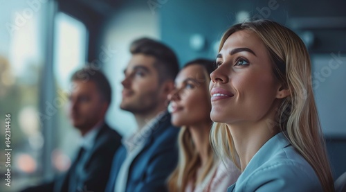 young business people listening to the cheerful speaker at a corporate meeting or conference, focusing on the face of a beautiful blonde businesswoman. generative AI