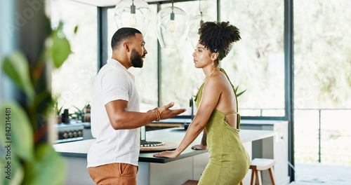 Quadro su tela Divorce, crisis and couple argue in a kitchen with stress, anger and cheating confrontation at home