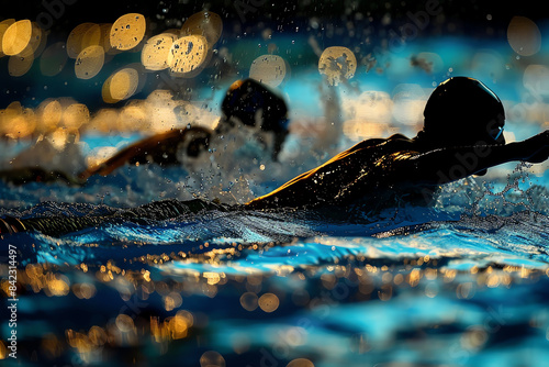 Breaststroke race at the Olympics, swimmers pushing forward with precision and strength close up, endurance theme, surreal, silhouette, Olympic pool backdrop