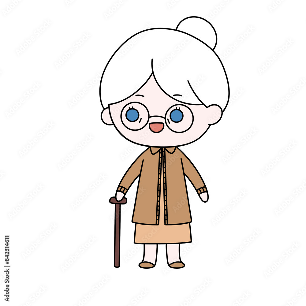 A cartoonish drawing of an elderly woman wearing glasses and a brown coat A cartoonish drawing of an elderly woman wearing glasses and a brown coat