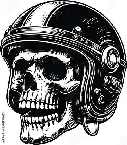Edgy and intense logo design illustration of a skull zombie wearing a biker helmet, combining the elements of horror and motorcycle culture