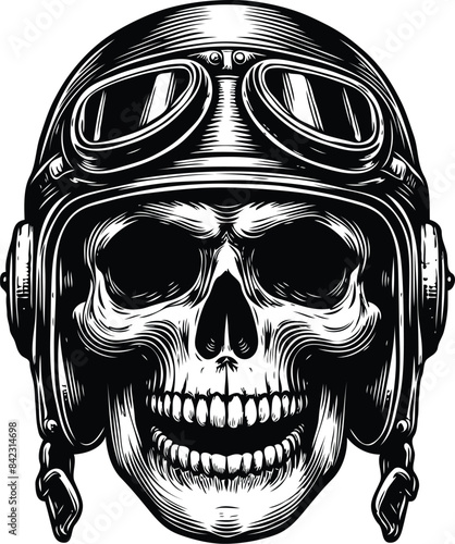 Edgy and intense logo design illustration of a skull zombie wearing a biker helmet, combining the elements of horror and motorcycle culture