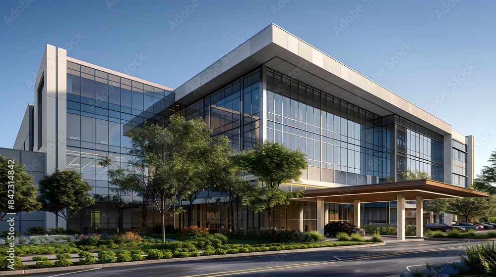 A rendering of the hospital building with modern design elements, white and gray color scheme, large glass windows for natural light, exterior shot with trees in front, and parking lot visible on one 