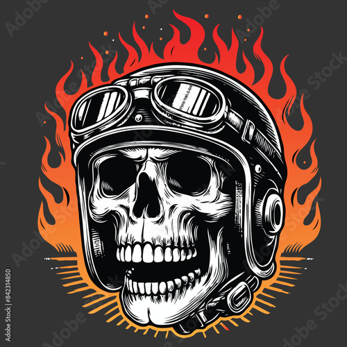 Design Vintage Garage With On Fire Skull Wearing Helmet Vintage Illustration