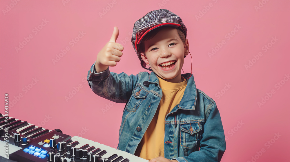 A cute little smiling cute little musician with equipment, showing thumb-up, on pastel color background, editorial style, A cute little smiling cute little musician with equipment, showing thumb-up, on pastel color background, editorial style,