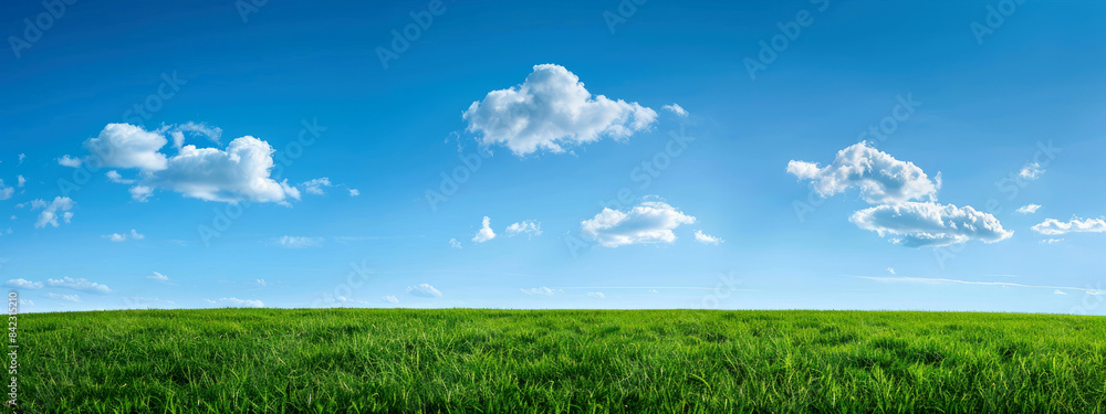Lush green grass field under a bright blue sky with minimal fluffy white clouds summer landscape Lush green grass field under a bright blue sky with minimal fluffy white clouds summer landscape