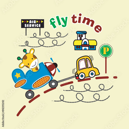 Giraffes ride planes and are towed by small cars,design cartoon vector illustration