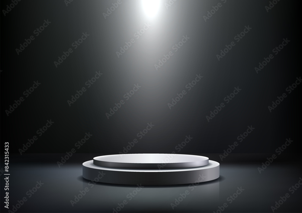 Minimalist 3D White Podium with Spotlight on a Black background for Product Mockup Minimalist 3D White Podium with Spotlight on a Black background for Product Mockup