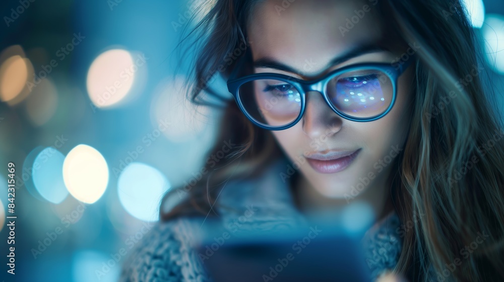 Close-up of a focused young woman wearing glasses looking at her smartphone with bokeh lights Close-up of a focused young woman wearing glasses looking at her smartphone with bokeh lights