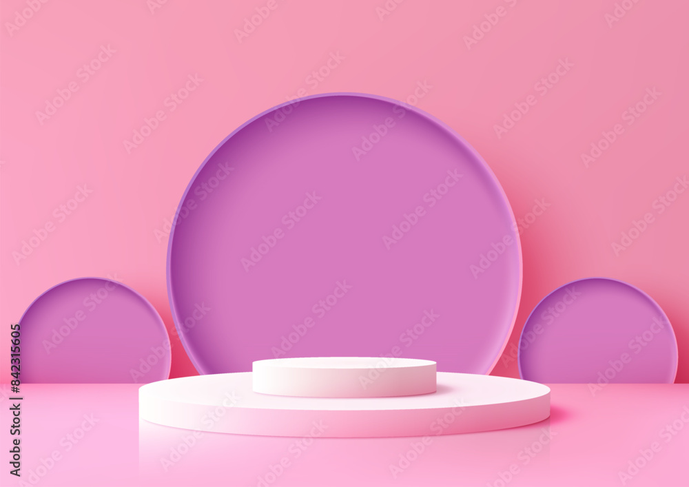 3D White Podium with Violet Circles on Soft Pink Background, Modern Concept for Product Display, Elegant Mockup 3D White Podium with Violet Circles on Soft Pink Background, Modern Concept for Product Display, Elegant Mockup