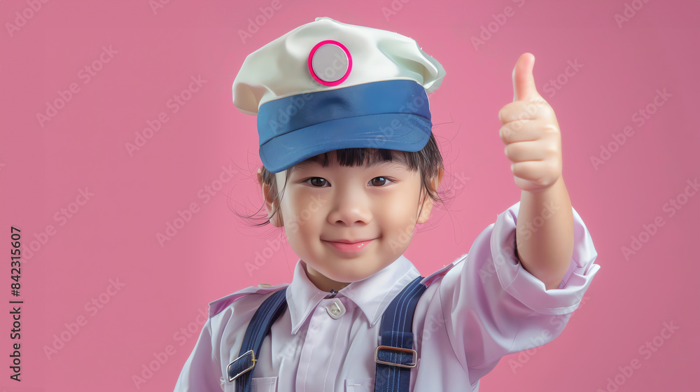 Portrait photography of a cute little professional, smiling cute little teacher with equipment, showing thumb-up, on pastel color background, editorial style, Portrait photography of a cute little professional, smiling cute little teacher with equipment, showing thumb-up, on pastel color background, editorial style,