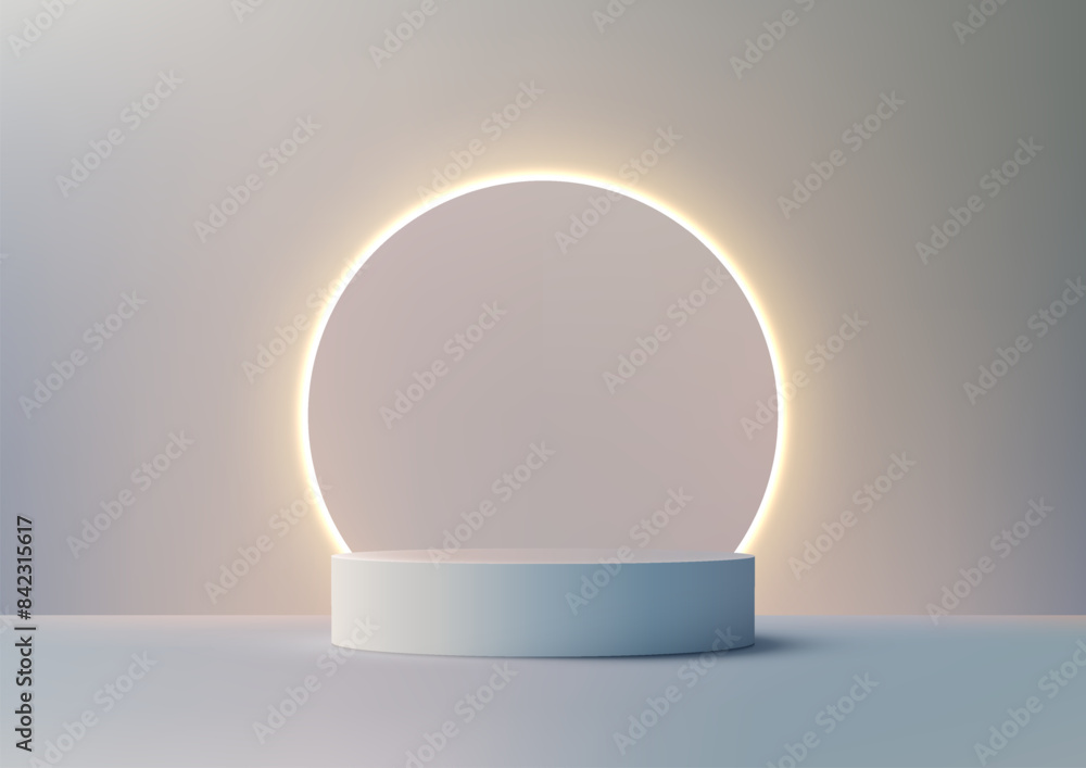Modern 3D White Podium with Neon Circular Light on Stage, Perfect for Product Display, Mockup Modern 3D White Podium with Neon Circular Light on Stage, Perfect for Product Display, Mockup