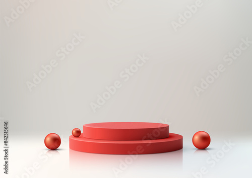 3D Red Podium with Red Spheres on Clean White Background for Modern Product Display, Mockup