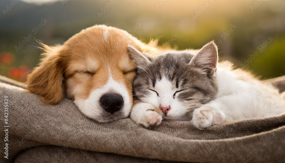 寄り添って眠る犬と猫