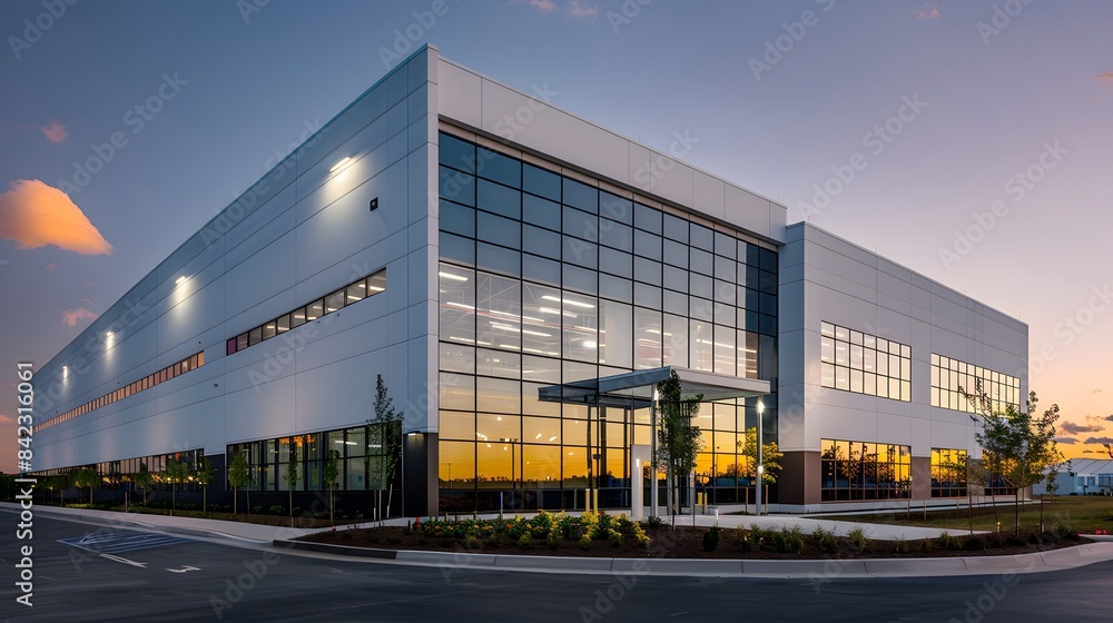 A wide-angle photo of an industrial building with white walls and glass windows, illuminated by the setting sun in summer. A wide-angle photo of an industrial building with white walls and glass windows, illuminated by the setting sun in summer.