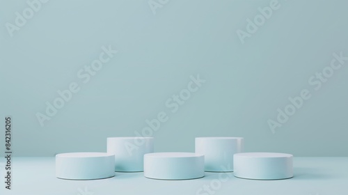 Five Minimalist Blue Toned Round Podiums for Product Presentation on Empty Background. Ideal for E-commerce and Advertising Displays, Showcasing Minimalist Style and Elegance