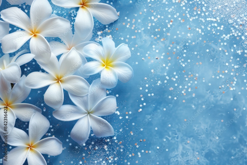 Light blue Jasmine flowers set against a shimmering glitter backdrop, creating an enchanting ambiance Light blue Jasmine flowers set against a shimmering glitter backdrop, creating an enchanting ambiance