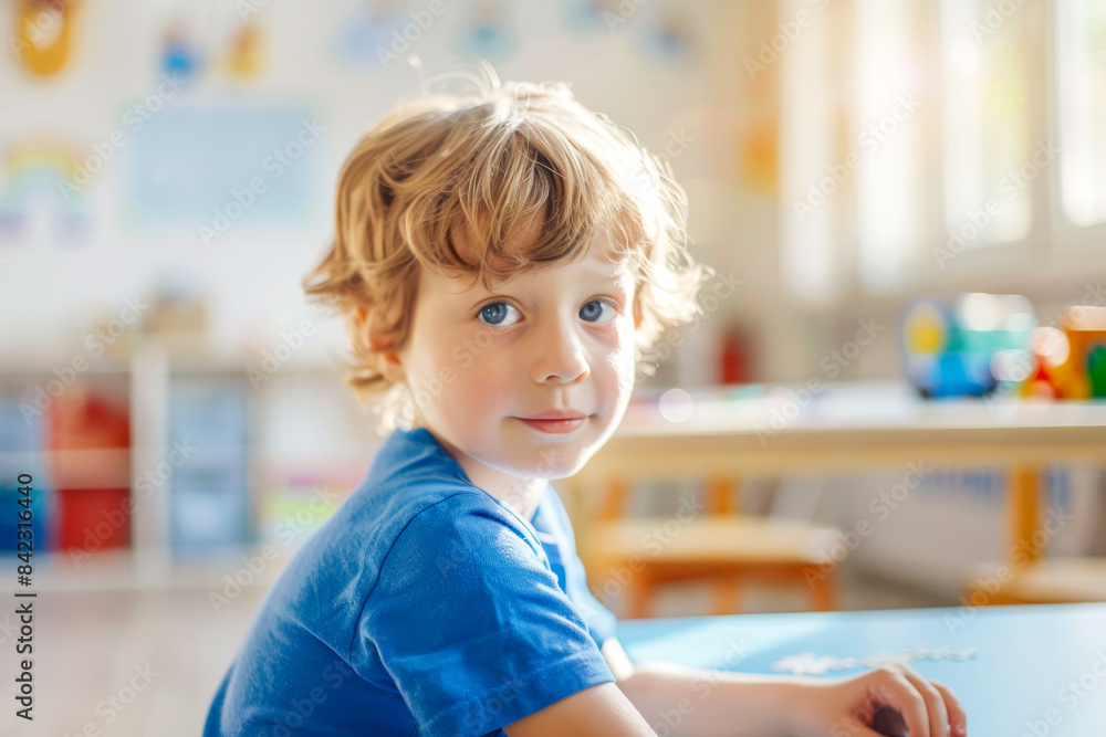 Little Boy autistic with in a class on the development of cognitive abilities collects a puzzle. Little Boy autistic with in a class on the development of cognitive abilities collects a puzzle.