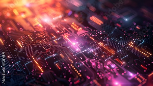 Abstract digital background with circuit board elements and glowing lights, representing technology innovation in the style of computer engineering or software development.
