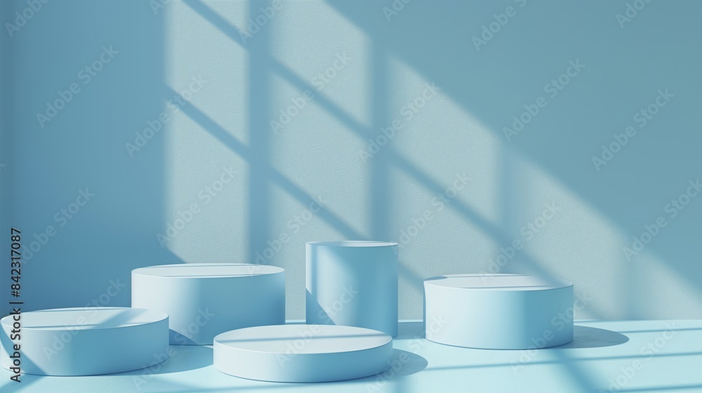 Five Minimalist Blue Toned Round Podiums for Product Presentation on Empty Background. Ideal for E-commerce and Advertising Displays, Showcasing Minimalist Style and Elegance Five Minimalist Blue Toned Round Podiums for Product Presentation on Empty Background. Ideal for E-commerce and Advertising Displays, Showcasing Minimalist Style and Elegance