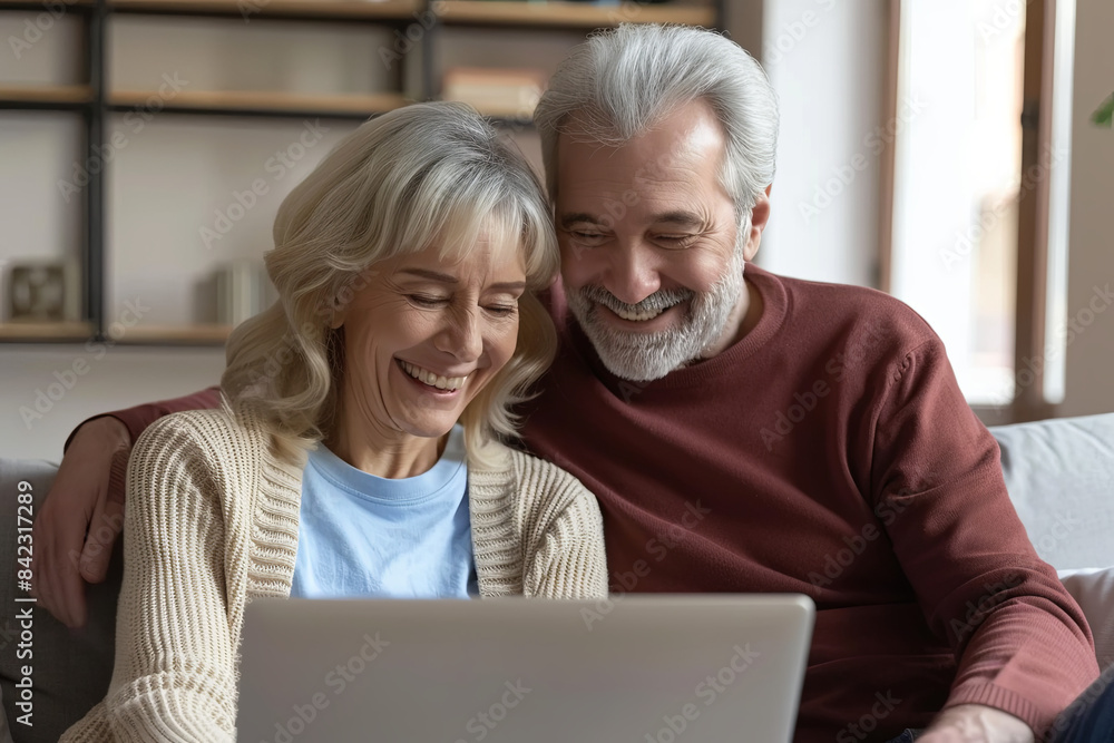 Happy mature couple using laptop on sofa, technology for all ages Happy mature couple using laptop on sofa, technology for all ages