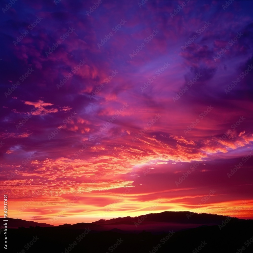 Stunning sunset with vibrant colors lighting up the sky over a silhouette of mountains, creating a mesmerizing natural landscape scene.