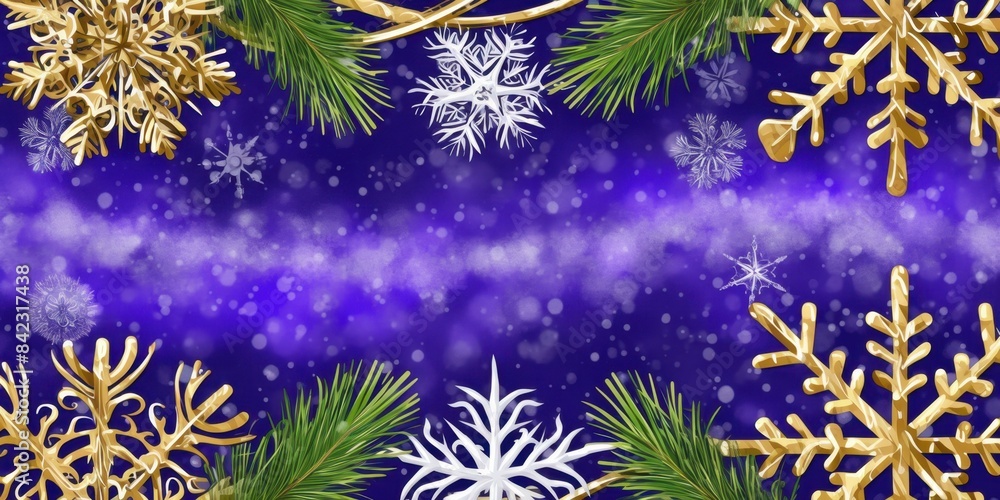 Fototapeta premium Festive holiday background with gold and white snowflakes, green pine branches, and a starry night sky. Perfect for Christmas and New Year's designs.