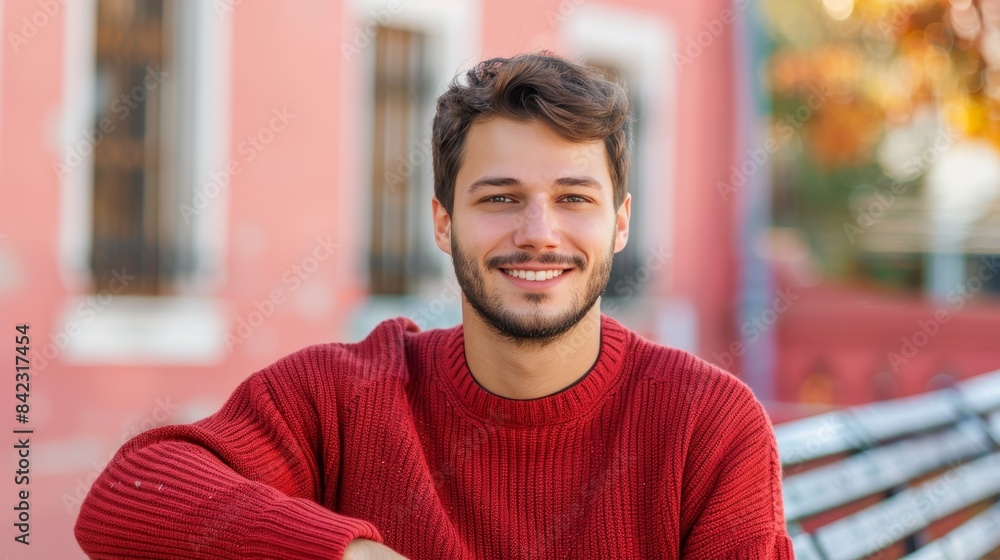 Smiling young man in a red sweater sitting outdoors. Generative AI. Smiling young man in a red sweater sitting outdoors. Generative AI.