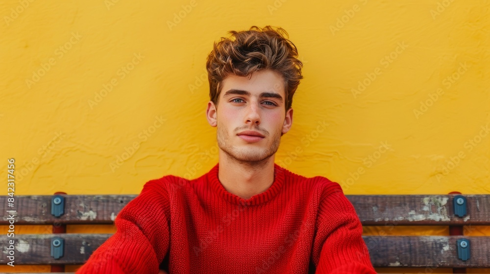 Obraz premium Thoughtful young man in a red sweater with yellow background. Generative AI.