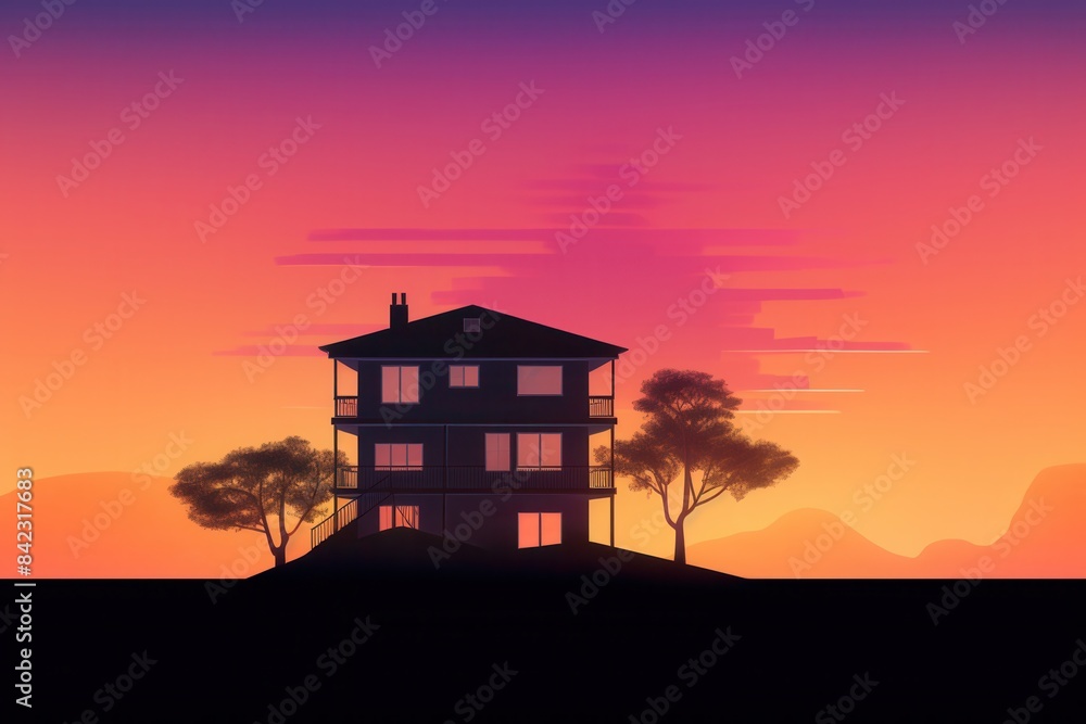 Silhouette of a house with trees at sunset, set against a vibrant orange and purple sky, creating a peaceful and serene atmosphere. Silhouette of a house with trees at sunset, set against a vibrant orange and purple sky, creating a peaceful and serene atmosphere.