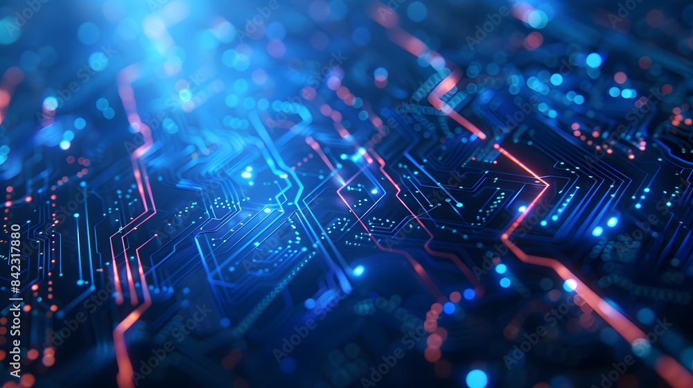 blue digital technology background with a circuit board and data flow diagonally arranged on the right side of an illustration, with high resolution and highly detailed style. blue digital technology background with a circuit board and data flow diagonally arranged on the right side of an illustration, with high resolution and highly detailed style.