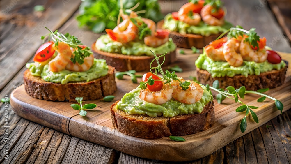 Appetizing Open-Faced Sandwiches With Avocado, Shrimp, And Cherry Tomatoes On A Wooden Board. Appetizing Open-Faced Sandwiches With Avocado, Shrimp, And Cherry Tomatoes On A Wooden Board.