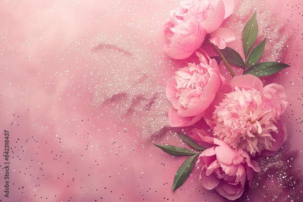 Pink peony blossoms on a glitter background, elegantly arranged for a captivating top view. Pink peony blossoms on a glitter background, elegantly arranged for a captivating top view.
